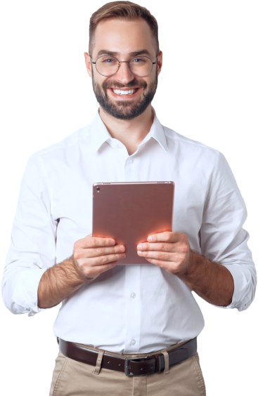 Homem de negócios com tablet não mão, sorrido.